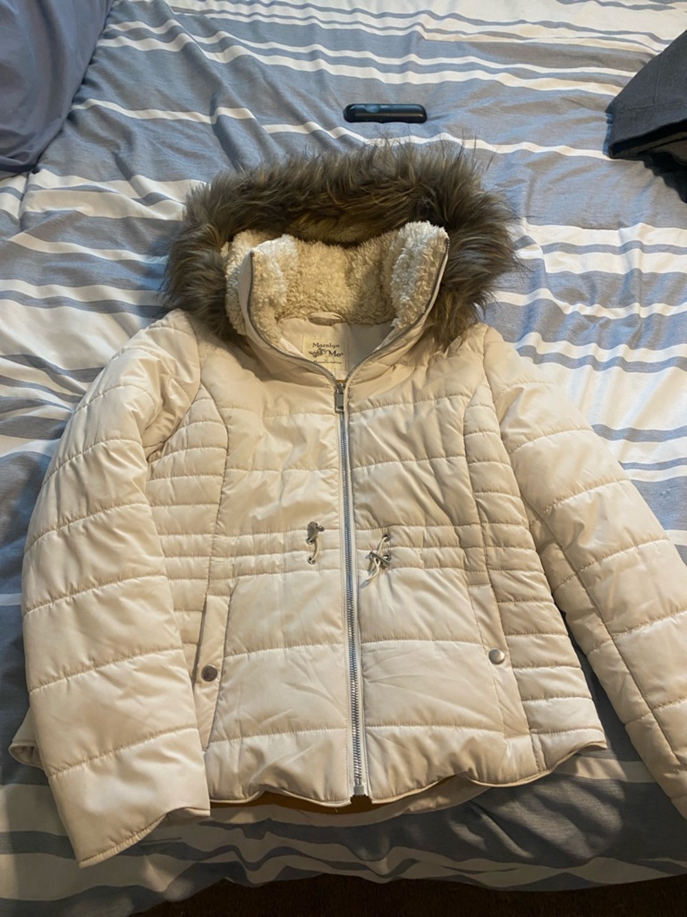 Maralyn & Me Cream Puffer Jacket with Faux Fur Hood